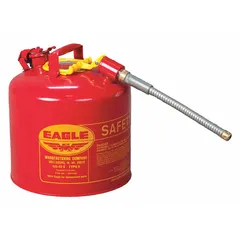 This EAGLE Type II safety can is designed for the storage and dispensing of flammable liquids. It has a 5-gallon capacity and includes a 7/8-inch outer diameter hose. The red color indicates its use with flammables. Typical applications include fueling, solvent handling, and chemical processing in industrial environments.