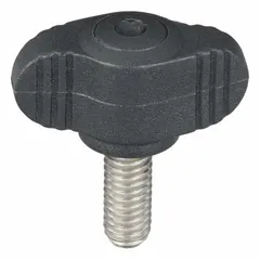 Wing knob with threaded stud for manual clamping, adjustment, and positioning on machinery and fixtures. Plastic body with stainless steel M6 thread provides corrosion resistance and secure grip. Suitable for industrial workholding, jigs, and assembly applications.