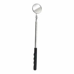 Standard inspection mirror with a 2 1/4-inch diameter round glass mirror. Vinyl handle. Used for visual inspection in confined or hard-to-reach areas during maintenance, automotive, and industrial tasks.