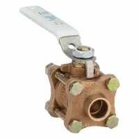This APOLLO ball valve is a 1/2 in bronze, straight, full port, two-way valve with sweat x sweat connections and a lever handle. It is used for on/off flow control in plumbing, HVAC, and industrial piping systems where copper tubing is employed
