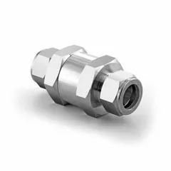 This HAM-LET poppet check valve features an inline valve body with 6 mm Let-Lok® x Let-Lok® connections and FKM seals. The seat is made of 316 stainless steel. It is used in instrumentation systems to prevent reverse flow of liquids or gases.