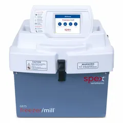 Cryogenic grinding mill with dual grinding and cooling chambers for milling heat-sensitive or tough materials. Features manual fill operation, 100 mL capacity, maximum speed of 15 RPM, and accepts grain sizes up to 10 mm. Powered by 115V AC. Suitable for laboratory and industrial R&D applications requiring low-temperature sample processing.