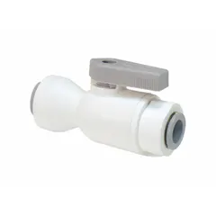 This Parker manual two-way ball valve features a 12 mm port size, polypropylene body, straight configuration, and push x push connections. The one-piece design with a lever handle allows for on/off flow control in fluid handling systems.
