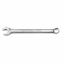 Alloy steel combination wrench with chrome finish. Features a 24 mm 12-point box end and open end for use on metric hex fasteners. Overall length of 13 1/4 in. Suitable for tightening and loosening bolts in automotive, industrial, and mechanical applications.