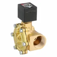 2-way/2-position normally open solenoid valve with brass body for high-flow applications. Operates on 24V DC with 1-1/2 in pipe size. Suitable for use with water, air, and light oil in industrial fluid control systems