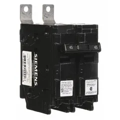 The SIEMENS B245H is a 45 A, 2-pole miniature circuit breaker rated for 120/240V AC single-phase systems. It features a bolt-on connection for use with Siemens P1 Panelboards and provides overcurrent protection with a maximum AIR rating of 22kA at 120/240V AC. Suitable for branch-circuit protection in commercial and industrial electrical distribution.