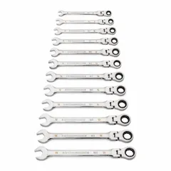 This 12-piece metric wrench set includes sizes from 8 mm to 19 mm. Each wrench is made of alloy steel with a full polish chrome finish. The ratcheting box end allows for faster fastener turning without repositioning. Suitable for tightening and loosening metric fasteners in automotive, machinery, and general industrial applications.
