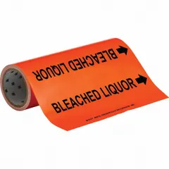 Orange adhesive pipe marker with black legend reading 'Bleached Liquor' and directional arrows. Fits pipe outer diameters from 2-1/2 to 6 inches. Each roll contains 30 markers. Used to identify pipes carrying bleached liquor in industrial process lines.