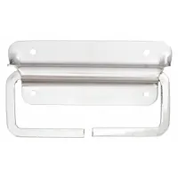 Steel folding pull handle with nickel-plated silver finish. Features unthreaded mounting holes for #8 screws and a 0.25 in grip thickness. Non-recessed design folds flat when not in use, suitable for cabinets, enclosures, and machinery panels where space-saving is required