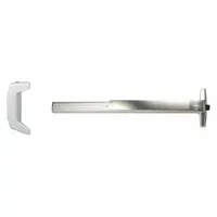 Rim-type exit device with touchbar style for doors up to 3 ft wide. Chrome finish with dummy pull outside trim. ADA compliant. Suitable for commercial egress applications requiring interior push-pad operation without exterior hardware function