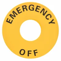 Round legend plate for 22 mm panel mounting, designed for Series A22 push-buttons. Features a yellow background with English 'Emergency Off' legend. Overall diameter 2 3/8 in. Used to clearly identify emergency-stop actuators in industrial control panels and machinery