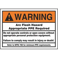 This 5 in x 7 in adhesive vinyl sign warns of arc flash hazards and specifies required PPE per NFPA 70E. It is non-retroreflective and not glow-in-the-dark. Suitable for mounting on electrical panels, switchgear, and control cabinets in industrial settings to communicate safety requirements.