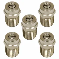 This threaded nozzle produces a fan spray pattern and is rated for 5,000 psi and 7.27 gpm. It is sold in a pack of 5. Suitable for high-pressure cleaning applications such as removing dirt, grime, and paint from surfaces.