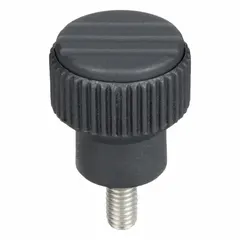 Knurled knob with threaded stud for manual adjustment and clamping on machinery, fixtures, and industrial equipment. Features a gray plastic body with stainless steel M5 threaded stud, 21 mm diameter, and 10 mm thread length. Suitable for frequent hand-tightening applications in assembly, machining, and material handling setups.