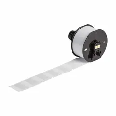 Vinyl precut label cartridge measuring 1 in x 1 in, supplied in a roll format for use with the Wraptor A6200 printer series. The labels are available in three color combinations: blue on white, green on white, and red on white. This cartridge requires the A62-R4300 ribbon for printing. Typical applications include identification and marking on pipes, cables, and industrial equipment.