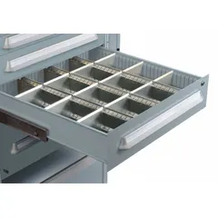 Drawer bin divider for Lyon Modular Drawer Cabinets. Fits drawers with 4 5/8 in width/depth and 5/8 in to 3 7/8 in height. Overall length 6 1/4 in, zero slots. Used to separate and organize small parts within the drawer.