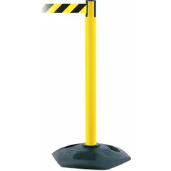 Yellow plastic post with a rubber base and a 7 1/2 ft retractable black/yellow belt featuring a chevron pattern and no legend. Used for crowd control and safety delineation in industrial facilities, warehouses, and public spaces to guide pedestrian traffic or cordon off restricted areas.
