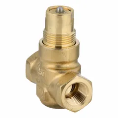 This 2-way globe valve features a brass body with stainless steel stem and seat, and is normally open. It has a 0.4 CV flow rating and 1/2 in female NPT connections. Used for regulating water flow in hydronic heating and cooling systems.
