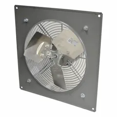 Standard direct-drive panel exhaust fan with 16-inch galvanized steel blade and 1/4 hp single-phase motor. Delivers 1770 to 2580 cfm at 115V AC. Features powder-coated steel frame, intake guards, and totally enclosed air-over motor enclosure. Two-speed operation. Suitable for general ventilation in industrial and commercial facilities.