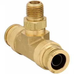This brass tee fitting features two push-to-connect ports for 1/2 in OD tubing and one 3/8 in male NPT thread. It is used in compressed air and pneumatic systems to branch a line into two directions, providing tool-free, leak-free connections.