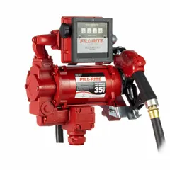 This metered bung-mount AC-powered fuel transfer pump operates on 230 V AC with a 3/4 hp cast iron motor. It features an automatic nozzle and a 1-3/8" x 18' discharge hose, with a meter that measures in liters. Typical applications include transferring fuel from drums or tanks in industrial and commercial settings where metered dispensing is required.
