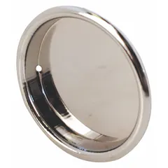 This round recessed handle and pull is made of steel with a chrome-plated silver finish. It features snap-in mounting for quick installation. Commonly used on trays in enclosures, cabinets, or rack systems for a low-profile grip.