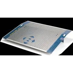 Steel dock board with diamond treadplate surface for traction. Overall length 48 in, width 60 in. Bridges gap between loading dock and truck or railcar for forklift and pallet jack loading and unloading.