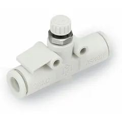 In-line speed control valve with hex screw adjustment for meter-in flow control. Valve body size is 1/8 in, accepts 6 mm tubing. Used to regulate actuator speed in pneumatic systems such as industrial automation and material handling equipment.