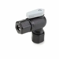 This Parker polypropylene ball valve features an angle body with sweat x sweat connections and a full port ball port. The lever handle provides manual on/off flow control. NSF 51 compliant, it is suitable for use in food-grade and sanitary piping systems where material purity is required.