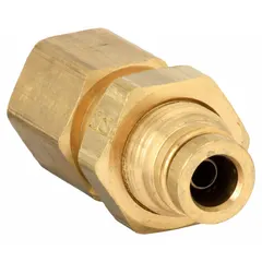 This brass adapter fitting connects 1/4 in OD tubing to a 1/4 in FNPTF threaded port. The push-to-connect design enables tool-free installation and a leak-free seal. Suitable for pneumatic and air brake systems.