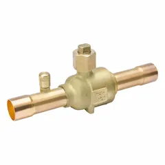 This sweat connection refrigeration ball valve features a 1/2 in male sweat connection for brazed installation on copper lines. It includes an access port for service or pressure testing and is A2L compatible. The valve has no relief port and is suitable for controlling refrigerant flow in HVAC and refrigeration systems.