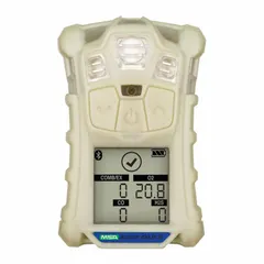 The MSA ALTAIR 4XR multi-gas detector monitors combustible gas and oxygen (O2) levels. It features a phosphorescent housing for visibility in low light and is powered by a lithium-ion battery. The unit emits a 95 dB alarm at 1 ft (30 cm). Typical applications include industrial safety monitoring in environments such as refineries, chemical plants, and confined spaces.