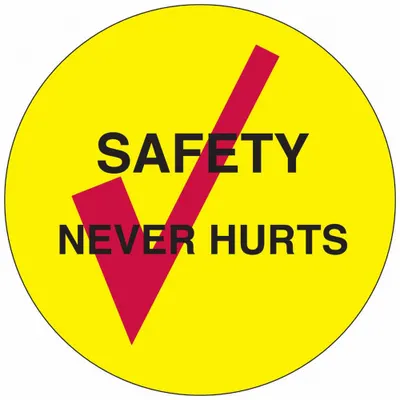 BRADY Hard Hat Label: Safety Never Hurts, 2 in Dia, English, Std, Non-Reflective