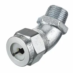 Steel 45° metallic cable grip with 1/2 in MNPT connection for securing cords 0.25 to 0.38 in diameter. Silver body with white color-coded grommet. Rated IP66 and Class III, Division 1 & 2 for hazardous locations. Suitable for industrial enclosures in dust-prone areas.