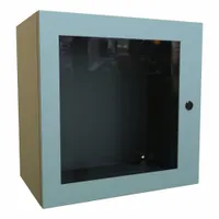 This steel washdown enclosure measures 20 x 20 x 12 inches and features a solid cover with a window. It is rated NEMA 12/3R/4, providing protection against dust, falling dirt, rain, sleet, and hose-directed water. The enclosure uses a 1/4-turn latch closure and does not include knockouts. Suitable for housing electrical controls and components in indoor or outdoor industrial environments