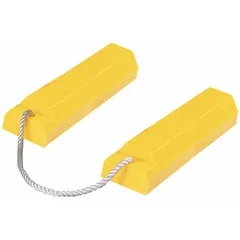 Yellow urethane aircraft wheel chock supplied as a pair. Overall dimensions: 11-1/2 in length, 4-1/2 in width, 5-1/2 in height. Used to secure aircraft during ground operations, preventing unintended movement in maintenance, hangar, and ramp applications.
