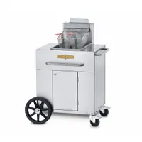 Wheeled fryer with one fry pot, 30 lb tank capacity, and 90,000 BtuH heating capacity. Overall height 48 3/4 in, overall depth 30 1/2 in. Suitable for high-volume frying in commercial kitchens, catering, and outdoor events