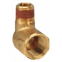 This 90° elbow is a threaded high-pressure pipe fitting with sealant, designed to change flow direction in piping systems. It connects 1/2 in female NPT to 3/8 in male NPT threads and has a maximum operating pressure of 1,000 psi. Suitable for hydraulic and pneumatic applications requiring leak-resistant connections