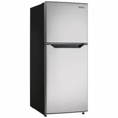 Top-freezer refrigerator with 10.1 cu ft total capacity and 8 shelves. Features automatic defrost and a swing door. Finished in black. Operates on 115V AC with a 5-15P plug. Suitable for general food storage in commercial kitchens, break rooms, or light industrial settings.