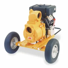 Engine-driven trash pump with 4 in MNPT inlet and outlet, delivering 505 gpm at 20 ft of head. Features a cast-iron volute, recoil-start ignition, and includes pneumatic ball bearing wheels and brake feet. Suitable for dewatering applications handling debris-laden water.