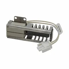 This universal hot surface igniter is a silicon carbide component with a flat tip, designed for use in gas-fired heating equipment such as furnaces and boilers. It operates on 120V AC input voltage and features an 8-inch lead length with a hardwired electrical connection. Suitable for residential and light commercial applications.