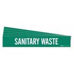Green adhesive pipe marker with white 'Sanitary Waste' legend, designed for pipes 8 inches and larger in outer diameter. Each pack contains 5 markers, each without arrows. Used to identify sanitary waste piping in industrial and commercial facilities.