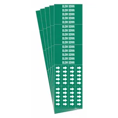 Green pipe marker with white legend text reading 'Blow Down' and directional arrows. Designed for pipes with an outside diameter of 3/4 inch and smaller. Each pack contains 5 markers, with 3 pipe markers per pack. Used to identify blow down lines in industrial piping systems for maintenance and safety.