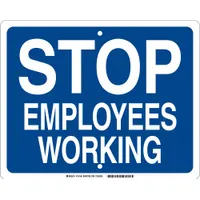 High Intensity Prismatic (HIP) retroreflective sign with blue background, 0.09 in thick, nominal size 12 in x 15 in. Features mounting holes for installation. Used in rail yards and industrial sites to signal workers to halt operations