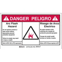 Adhesive-mount sign, 5-pack, 3 1/2 in x 5 in nominal size, 0.01 in thick polyester. Bilingual warning for arc flash hazards on electrical panels, switchgear, and control cabinets. Not retroreflective or glow-in-the-dark