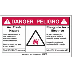 Adhesive-mount sign, 5-pack, 3 1/2 in x 5 in nominal size, 0.01 in thick polyester. Bilingual warning for arc flash hazards on electrical panels, switchgear, and control cabinets. Not retroreflective or glow-in-the-dark.