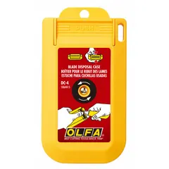 Yellow plastic blade disposal container for wall-mount installation. Accommodates approximately 200 9mm blades (2,600 edges), 50 18mm blades (400 edges), 10 25mm blades (70 edges), 30 SKB Safety Blades, or 100 RSKB Safety Blades. Used in workshops and industrial facilities for safe collection of used utility-knife blades.