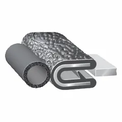 This edge trim seal features a PVC outer and EPDM bulb in a rounded profile shape. It has a 3/8 in leg length and 250 ft overall length, meeting UL 94HB standards. Used to protect panel edges from abrasion, vibration, and weather in industrial enclosures, machinery guards, and similar applications.