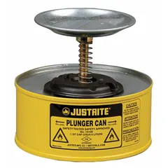 Plunger can for dispensing small amounts of flammable liquids onto a cloth or swab. Self-closing lid with perforated metal fire arrestor prevents flashback ignition. 1/4 gal capacity, powder coated steel in yellow.