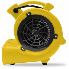 Portable centrifugal blower with a 1/12 hp motor, 115V AC, single-speed operation. Features a polyethylene housing and steel fixed frame in yellow. GFCI protected for safety. Suitable for general ventilation, cooling equipment, and exhausting fumes in industrial and commercial settings.